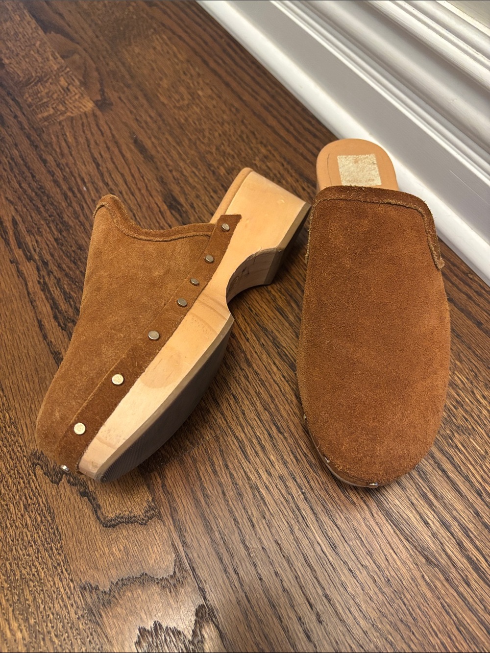 Dolce Vita Suede Wooden Clog Mules in Cognac Brown and Gold studs